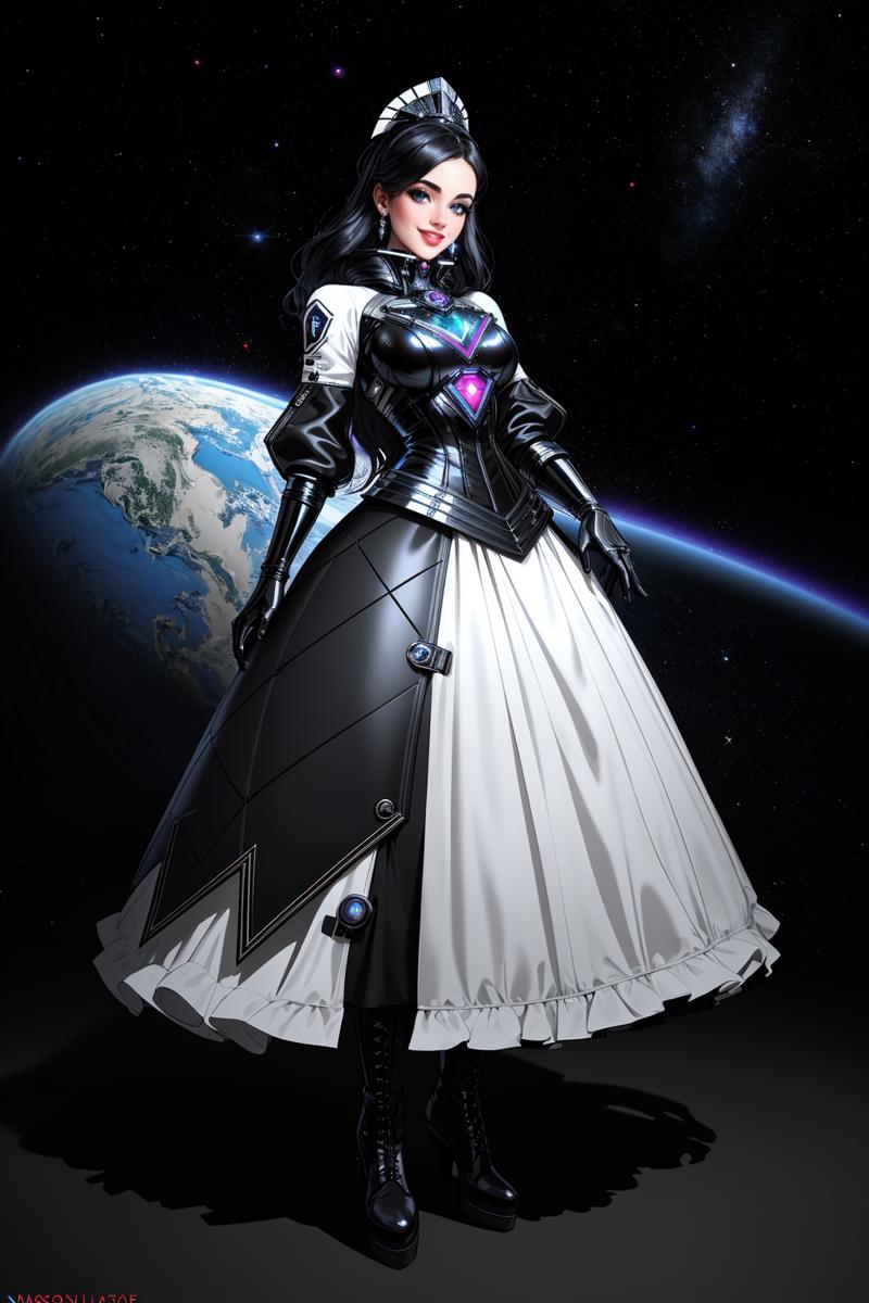 09038-133255926-((Masterpiece, best quality,edgQuality)),smiling,excited,(in space)_ballgown,edgSciFi, a woman in a black and white outfit and b.png